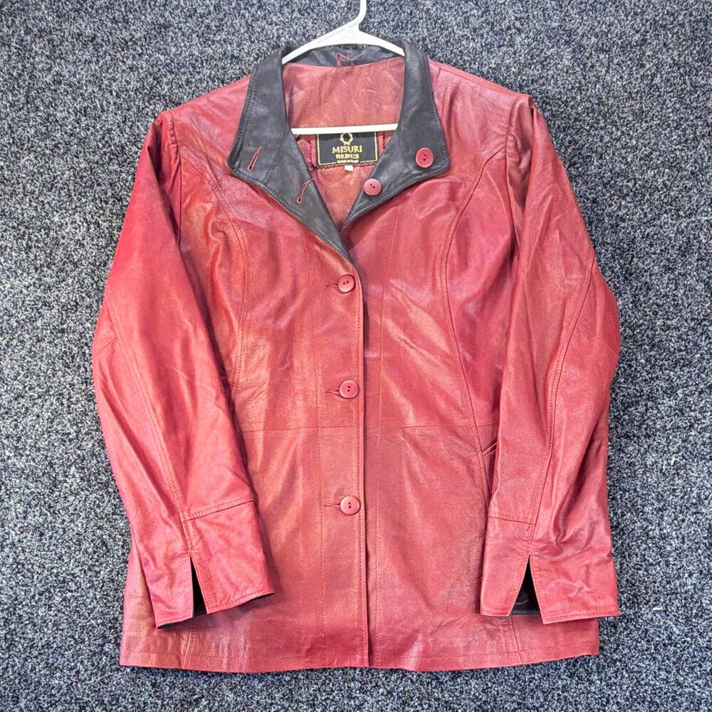 Misuri Firenze Women's Burgundy Leather Jacket Black Contrast Collar IT 50